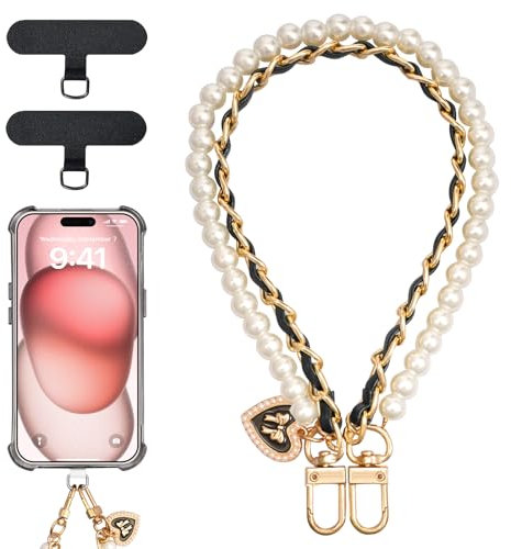 TiMOVO Beaded Pearls Phone Lanyard Wrist Strap for Phone Case, Detachable Phone Wristlet with Tether Tab, Hands-Free Phone Charm Bracelet Strap for Women, Gold + Black + White