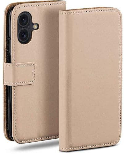 moex Book Case für iPhone 16 Handyhülle mit Kartenfach, Hülle klappbar 360 Grad Schutzhülle, Klapphülle Flip Case Cover, PU Leder Handytasche Lederhülle, Taupe