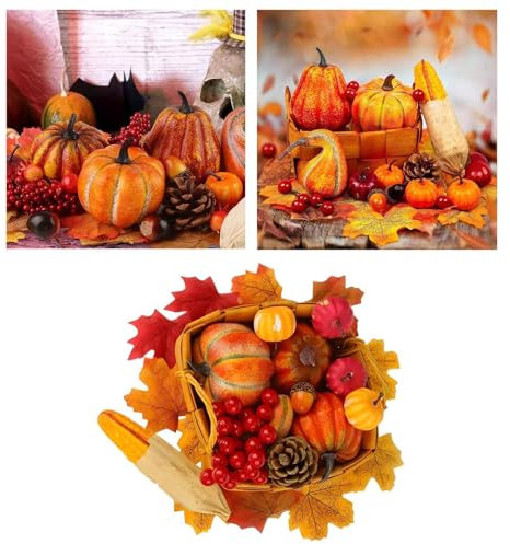 Gonetre 49Pcs künstliche Ernte Tannenzapfen Haselnüsse Mais rote Beeren Ahornblätter Tisch Deko, Herbstdeko Herbst Dekoration Herbstblätter für Draußen Drinnen Fall Thanksgiving Par