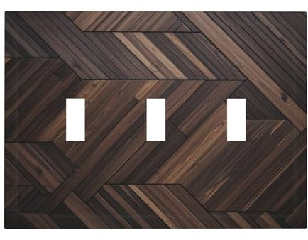 WUYOCHA Dekorative Lichtschalter-Abdeckplatte, modern, braun, Fischgrätenmuster, geometrische Holzmaserung, 3-Gang-Wandplatte, übergroße Dreifach-Kippschalter-Abdeckplatte, Jumbo-elektrische