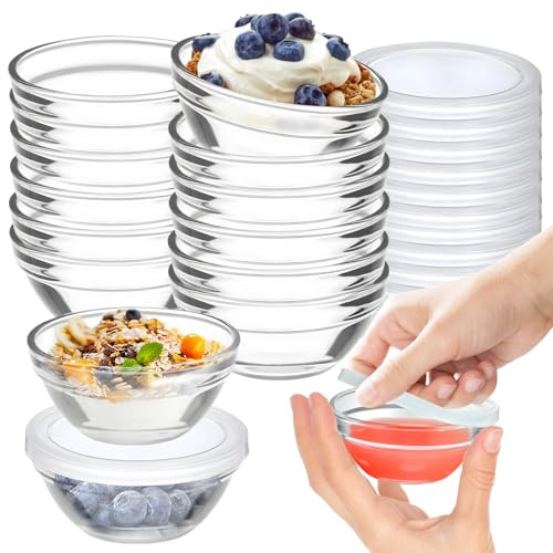 FUYITE Lot de 12 mini bols en verre transparent de 70,9 g avec 12 couvercles, récipients à condiments, pour trempettes, noix, bonbons, collations, bols de préparation des repas