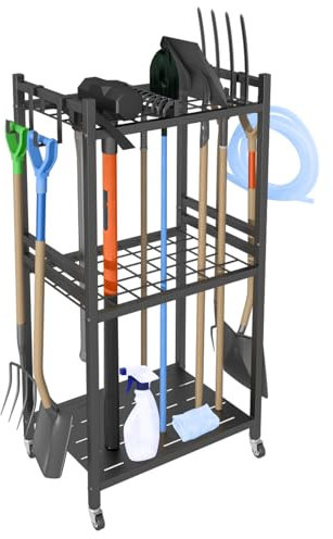 Garden Tool Organizer with 4 hooks, garden tool holder stand for rakes, Shovels, heavy duty garden tool storage rack on wheels, Utility yard tool storage for garden, Garage, Shed, outdoor, home
