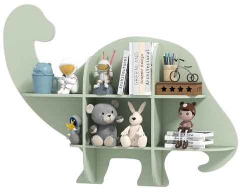 COSTWAY Bücherregal Kinder Wand, Wandregal Holz mit 2 Ablage und 6 offene Fächern, Wandmontiertes Dinosaurier-Kinderregal für Kinderzimmer Spielzimmer Kindergarten