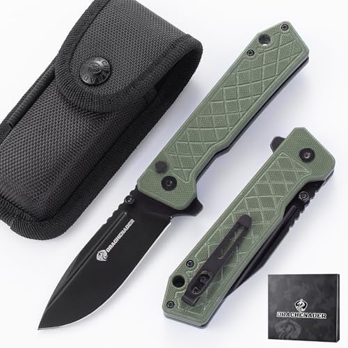 DRACHENADER IE-BR Klappmesser Einhandmesser, 14C28N Stahl, G10 Griff, Taschenmesser mit Buttonlock, Clip, Nylontasche für Camping, Wandern, Klinge Schwarz + Griff Grün