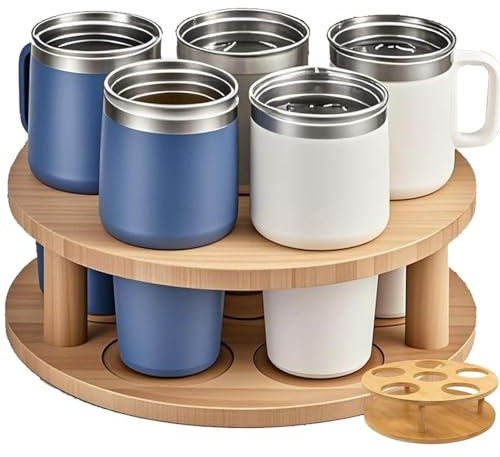 LOYUDEQIU Water Bottle Organizer for Stanley Cups - Rotatable 6-Slot Wooden Storage Rack for 20 to 40 oz Tumblers, Compatible with Stanley,Yeti, Owala & More, Space-Saving Kitchen Cabinet Organizer