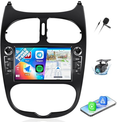 CAMECHO 2+64G 7 Pouces Autoradio pour Peugeot 206 1998-2016 Citroen C2 2004-2008, Android 13 sans Fil Carplay Bluetooth HD Radio avec Android Auto WiFi FM/RDS GPS Mirror Link +Canbus Caméra de Recul