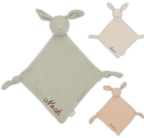 Manufaktur Liebevoll Schnuffeltuch mit Namen Kuscheltuch personalisiert Geschenke Baby Schmusetuch Baby Kuscheltier Hase Babygeschenk Geburt Mädchen Jungen (Grün)