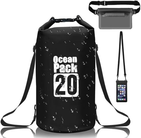 Gucass Dry Bag wasserdichte Tasche 20 L, Wasserfeste Beutel Packsack mit Doppeltem Verstellbarer Tragegurt, Waterproof Bag Für Schwimmen Bootfahren Kajak Wassensport, mit Bauchtasche IPX8 Handyhülle