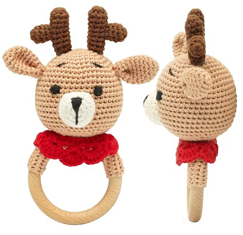 Beißring Baby Rentier gehäkelt aus Holz – Handgemachte Rassel – Montessori Greifling – Geschenk zur Geburt – Für Jungen & Mädchen – Little Hoodies