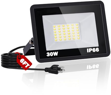 NEWREACH 30W LED Flood Light Outdoor, IP66 Waterproof 5000K Daylight White 3600LM Super Brighter Work Light with 6ft Cord and Plug, Exterior Floodlight Security Lights for Yard Garage Stadium Garden
