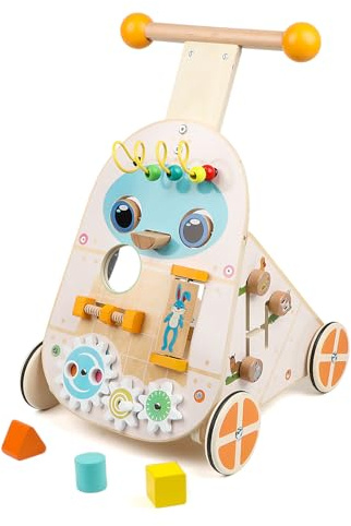 Steventoys Wooden Push Walker, Adjustable Speed Baby Push Walker Activity Center Toys, Wooden Baby Walker Push and Pull Learning Activity Walker, Learning & Walking Toy for Boys Girls