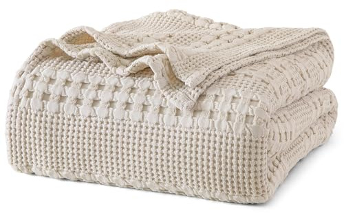PHF 100% Cotton Waffle Weave Blanket Twin/Double Size 150x200cm, Oeko-TEX Certified Pre-Washed Soft Lightweight & Breathable Throw Blanket, Luxury Aesthetic Woven Bedding for Home Decor, Oatmeal