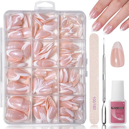 240 PCS French Press On Nails Glitter Almond kurz - Nägel Zum Aufkleben, Pearl künstliche Nägel, Atmungsaktiv Full Cover Fingernägel mit Nagelkleber - Geeignet für Damen und Frauen Nageldesign