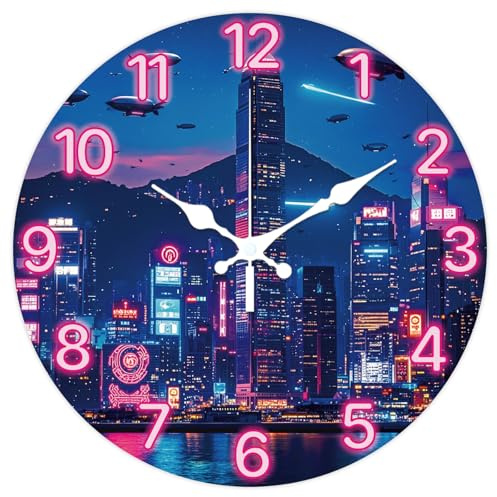 CHGCRAFT Neon Stadt Wanduhr 12 Zoll Cyberpunk Stadt Uhr Batteriebetrieben Geräuschlos Nicht tickend Runde dekorative Uhren für die Dekoration Ihres Heimbüros