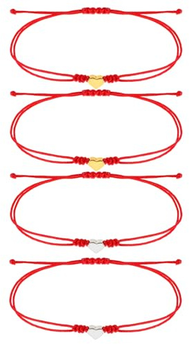 Heclia Pulsera de cuerda roja trenzada para mujeres y hombres, 4 pulseras para parejas con corazón, pulsera ajustable de cuerda de hilo rojo, protección de la buena fortuna, pulseras de amistad