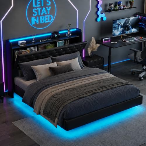 QLTXYHML Lit 140x200 avec Sommier, 2 Personnes avec Éclairage LED RGB et Ports USB/Type-C, Tête de lit avec Étagère, Cadre de Lit Flottant, pour Chambre de Gamer, Gaming (Noir, 140x200 cm)
