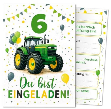 JuNa-Experten 8 Einladungskarten 6. Kindergeburtstag Mädchen Jungen Kinder Traktor Bauernhof coole bunte Einladungen sechste Geburtstag Geburtstagseinladungen Mädchengeburtstag Jungsgeburtstag