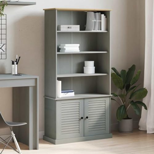 DYRJDJWIDHW Bücherregal VIGO Grau 85x35x170 cm Massivholz Kiefer Jalousie Design Schrank mit Türen für Wohnzimmer Büro Stauraum Regal