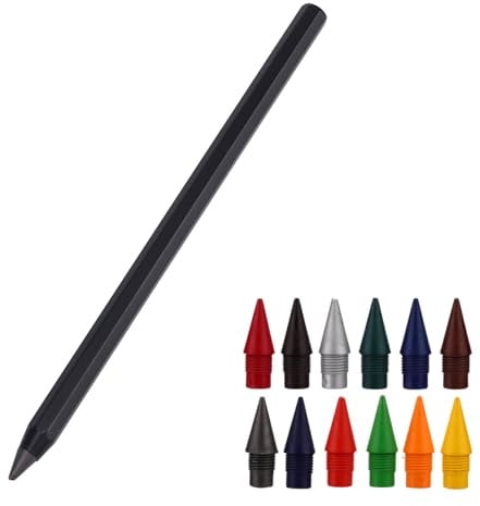 Metal Alloy Writing Instrument, No Sharpening Required Forever Infinity Pencil with 12 Colored Refill Tips Reusable Inkless Everlasting Eternal Pen for Drawing Sketching Artists Students Teacher Gift