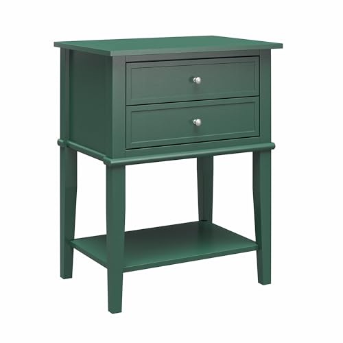Franklin Beistelltisch aus MDF Dunkelgrün, 56 x 40 x 72 cm, Nachttisch mit 2 Schubladen und Ablagefach, Beistelltisch mit Echtholzbeinen für Wohnzimmer, Schlafzimmer und Home Office