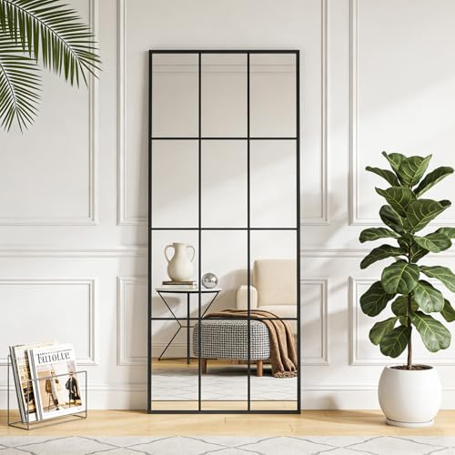 ZhuiKun Espejo Ventana de Cuerpo Entero Rectangular, Espejo para Dormitorio y Armario, para Colocar en el Suelo o Fijar en la Pared - Negro, 175x63cm | 69 L x 25 W