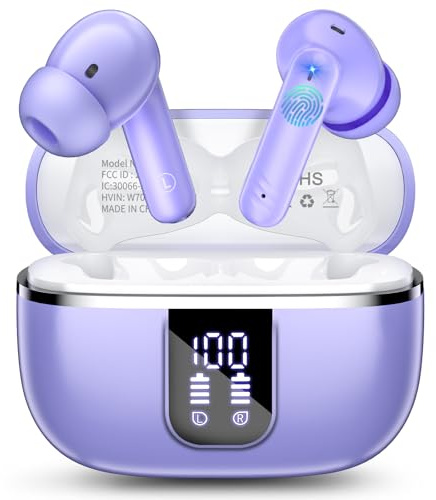 Wireless Earbuds, Bluetooth 5.4 Headphones with 4 Noise Cancelling Mic, 46H In-Ear Buds with 3D Bass Stereo Sound, Small Ears, LED Display, Calls Sports Workout, IPX7 Earphones for Android iOS. Purple