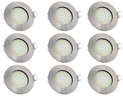 vislux LED Einbaustrahler 230V - 58mm - 70mm - Edelstahlgebürstete Einbauspots Badezimmer- Energiesparende warmweiße Einbauleuchten - 3,5W 330lm 3000K - (9er Set) - (Matt-Chrom)
