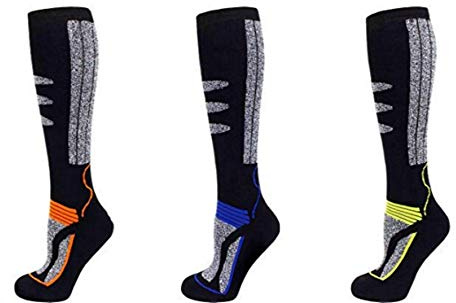PistenSauser 3 Paar Thermo Kinder Skisocken, Ski Kniestrümpfe mit gepolsterten Funktionsbereichen und zusätzlicher Garantie (Orange/Blau/Gelb, 39-42)