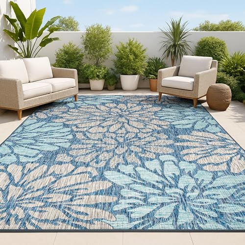 JONATHAN Y Floral Textured Weave Indoor Outdoor Area Rug 8X10 Navy/Aqua, Zinnia Modern for Backyard, Patio, Porch, Easy-Cleaning, High Traffic, Pet-Friendly, Non-Shedding (SMB110C-8)