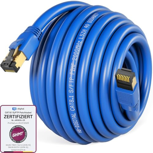 HB-DIGITAL 20m Câble RJ45 CAT 8 Cordon de brassage - Certifié GHMT - Cable Réseau Blindé AWG 24 S/FTP LSZH 40Gbps 2000MHz cuivre pur avec connecteurs dorés pour Switch PC TV Console de Jeux - Bleu