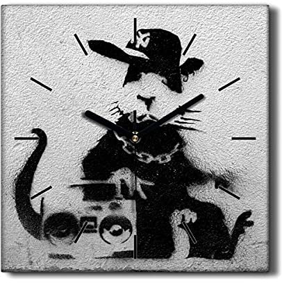 Coloray Uhr auf Leinwand 30x30cm Wand Uhr Ohne tickendes Geräusch Dekoration Wohnzimmer Segeltuch - Banksy Ratte in der Haube
