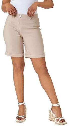 Roman Originals Stretch Shorts for Women UK Ladies Pull On Turned Hem Cut Off Bengaline Mom Boyfriend Boy Denim Casual Cropped Pants Capri Slim Fit Turn Up Summer Crops Mother - Natural - Size 20