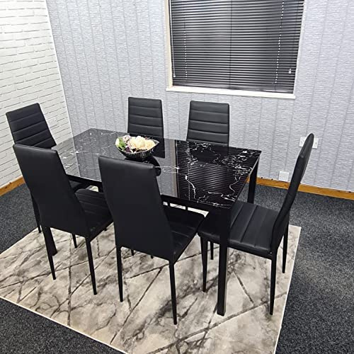 Dining Table and Chairs Set Black Marble Effect Kitchen with 6 Faux Leather | KOSY KOALA Dining Table and Chairs Set Black Marble Effect Kitchen Table with 6 Black Faux Leather Dining Chairs 134x77x75 cm