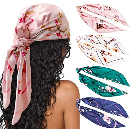 DRESHOW 90x90cm Große Quadratische Schals für Damen 4 Stück Seide Kopftuch Bandanas Haartuch Halstuch Haarschmuck