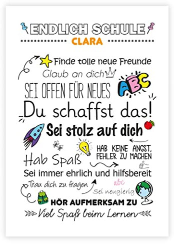 Personalisiertes Poster „Endlich Schule” Motivationssprüche, Kinderzimmer, Einschulung, Erster Schultag, Gastgeschenk, zum Schulstart, Motivation, Mutmacher Poster (Weiß)