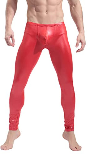 BaronHong Herren Kunstleder Enge Hose Mann Night Club Metallic Leggings Lange Hose(rot,S)