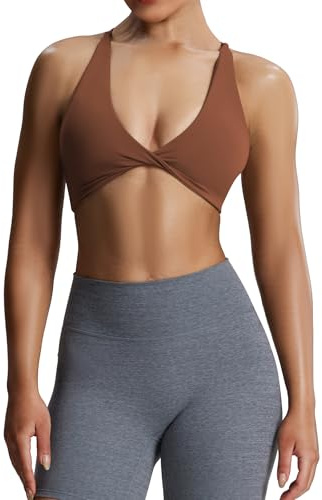 Aoxjox Women's Workout Sports Bras Fitness Backless Padded Sienna Low Impact Bra Yoga Crop Tank Top, Dandelion Brown, XL