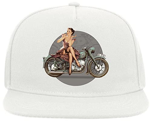 Retro WW2 Motorcycle Pin-Up Girl 5 Panel Snapback Flat Visor Cap Hat Baseballmütze Weiß