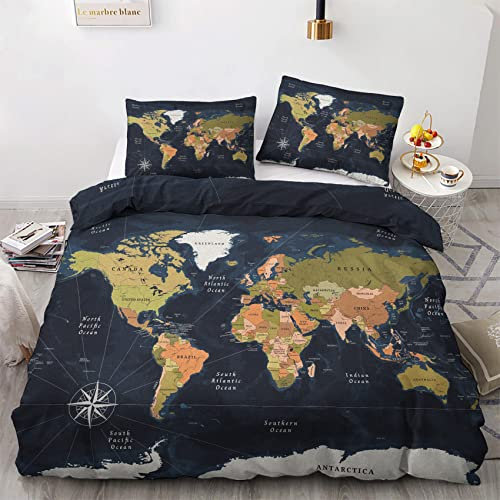 YIKODA Weltkarte Bettwäsche 155x220 Winter - Verschiedene Länder Bettbezug 155x220 3 Teilig Set mit 2 Kissenbezug 80x80 cm, Warme Weich Mikrofaser Bettwäsche-Sets mit Reißverschluss