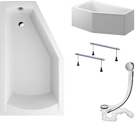KOLMAN Badewanne SELENA Eckbadewanne 150x90 Links mit AcrylSchürze, Ablaufgarnitur und Füßen Komplettset 4in1 Premium Original Acryl Wanne Siphon