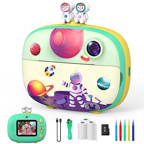 ULEWAY Kinderkamera Sofortbildkamera, Digitalkamera für Kinder mit Druckpapier & 32G TF Karte, VideoKamera mit farbigen Stiften & Fotoklammern zum Basteln, Geschenk für Kinder 3-14 Jahren (Grün)