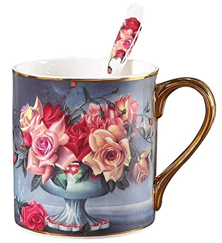 YBK Tech Bone China Porcelain Tea Cup, 12oz Coffee Mug for Home Kitchen Office - Vintage Rose Pattern (Gray)