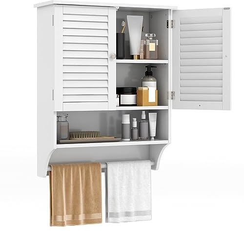 LIFEZEAL Armoire Murale à 2 Portes avec Porte-Serviettes, Meuble Suspendu Toilette WC avec Étagère Réglable, 60 x 22 x 75 CM, Armoire à Pharmacie en Bois, Gain de Place, Charge Max 30 kg (Blanc)