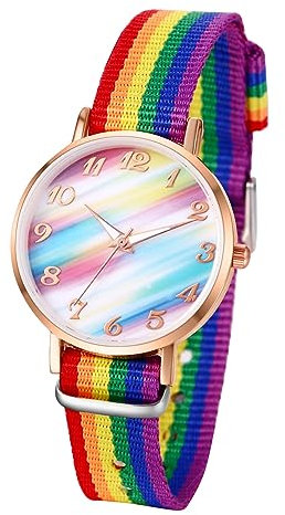 JewelryWe Kinderuhr Regenbogen Nylon Armbanduhr - Regenbogen LGBT Gay & Lesbian Pride Analog Quarz Armbanduhr Junge Mädchen Uhr Lernuhr mit Nylon Textil Armband für Kinder Jugendliche Studenten