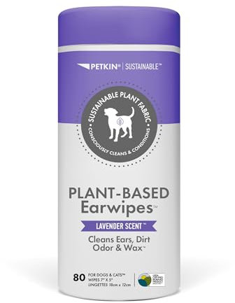 Petkin Plant-Based EarWipes, 80 Wipes - Biobased & Sustainable Pet Ear Wipes for Dogs & Cats - Cleans Ear Area, Dirt, Odor & Wax - Consciously Cleans & Conditions - Easy to Use - Lavender