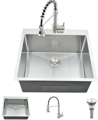 WMXQX 25 Inch Drop In Utility Sink with Faucet, 25x22x12 Drop In Laundry Sink 16 Gauge Stainless Steel Utility Sink 12 Deep Single Bowl Laundry Room Sink
