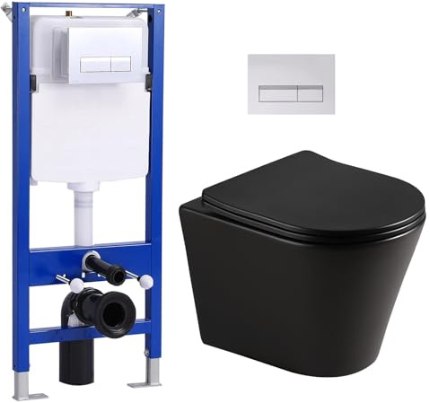 Hänge WC Spülrandlos Mattschwarz Mit Unterputz Spülkasten, Toilette Und Vorwandelement Set Komplett, Drückerplatte, Wand-WC Mit Soft-Close Absenkautomatik Deckel, Einloch-Superspin-Spülung