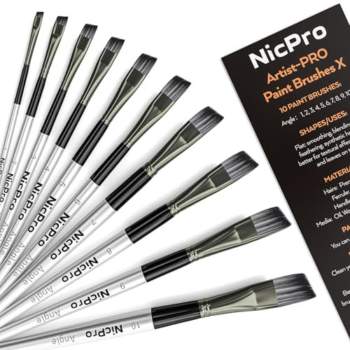 Nicpro 10 PCS Angular Paint Brush Set, Soft Anti-Shedding Nylon Hair Long Handle Angled Paint Brushes, Suitable for Artists and Beginners for Watercolour, Acrylics, Ink, Gouache, Oil, Tempera