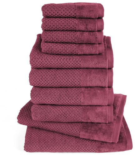 Pure Label 10-TLG. Handtücher Set mit Aufhängeschlaufen aus 100% Baumwolle, saugstark und weich - 2X Badetuch (70x140 cm) 4X Handtuch (50x100cm) 4X Gästetuch (30x50 cm), Beere