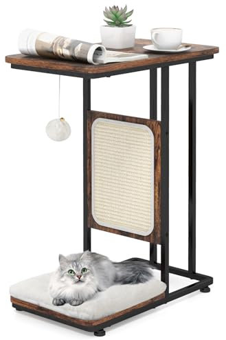 Maxmass Cat Tree, C- Shaped Side Table with Scratching Board, Removable Cushion & Hanging Toy, 4 in 1 Indoor Cats Activity Centre Industrial End Table for Living Room, Bedroom, Pet Store